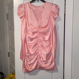 Satin puffed shoulder ruched mini dress. NEW WITH TAGS
